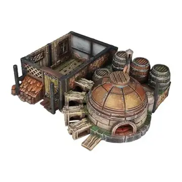 Fully painted 28mm 3D-printed distillery with domed kiln and barrel yard — tabletop RPG terrain for D&D, Pathfinder & wargaming