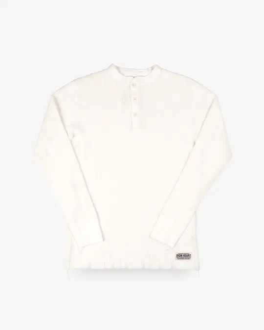 Waffle Knit Long Sleeved Thermal Henley - White