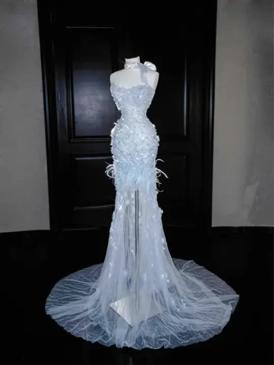 Light blue tube top slim waist fairy sexy long skirt, prom dress R5655