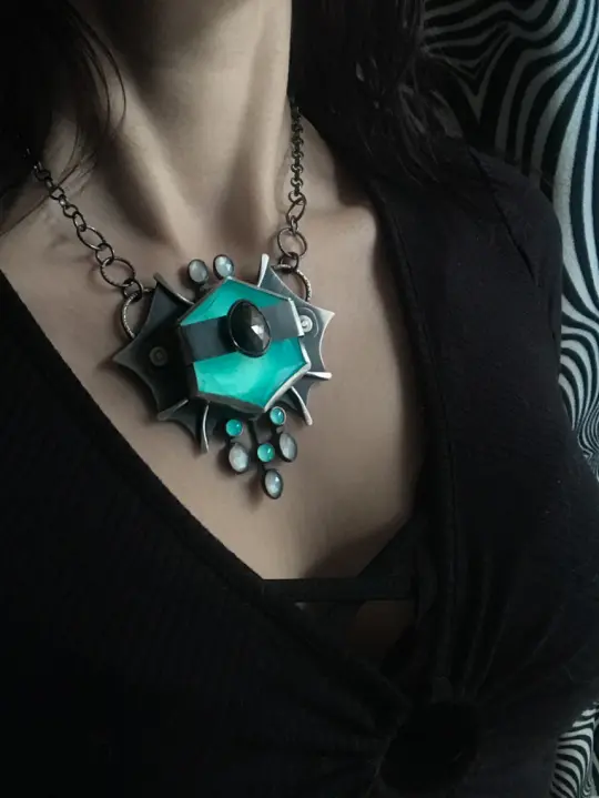 Surreal Glowing Quartz, Moonstone, and Black Sapphire Statement Necklace