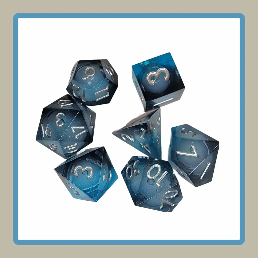 rpg dice in black and blue with liquid core
