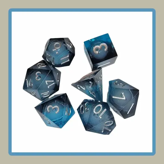rpg dice in black and blue with liquid core