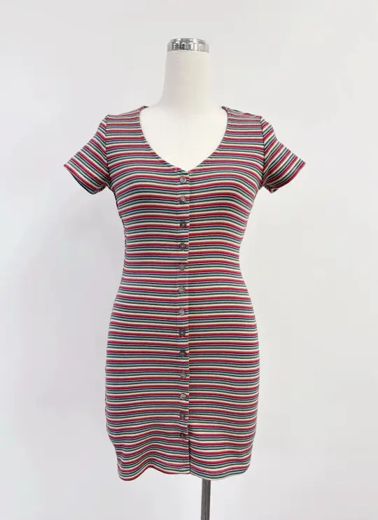 SAMPLE #430 - S Monsanto Stripe Button Mini Dres - Red