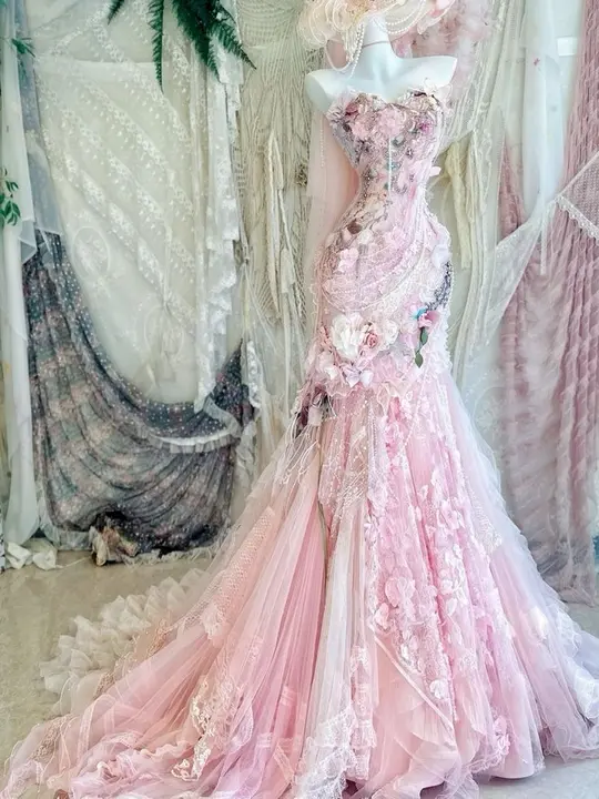 Pink three-dimensional flower lace tube top waist slim hip sexy long skirt, prom dress R5300