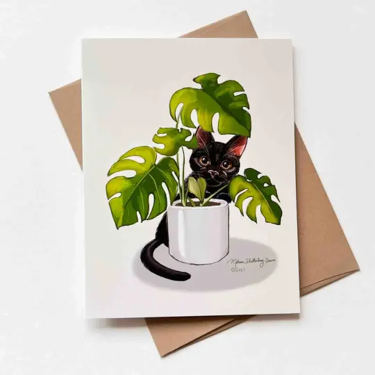 Black Cat and Monstera Plant, Blank Card