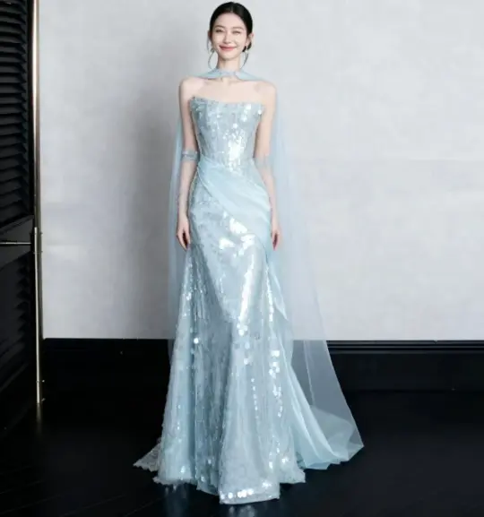 French Chic Pale Blue Sequins Prom Dress ,Mermaid Strapless Glitter Bodycon Maxi Evening Dress RS1116
