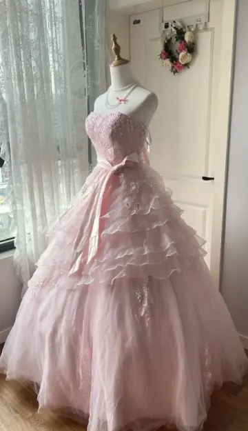 Elegant Soft Pink Ball Gown Strapless Long Women Dress Birthday Dress Evening Dress RS099