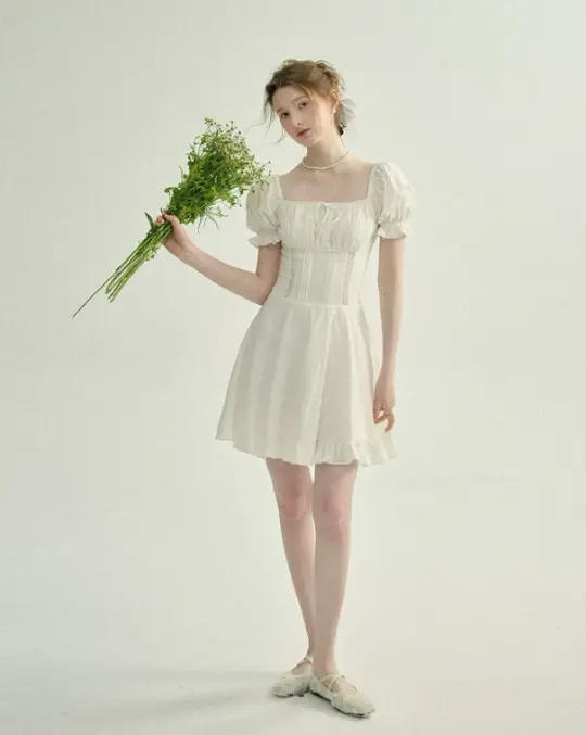 White French Style Mini Dress Women With Puff Sleeves And Lace Inset R9471