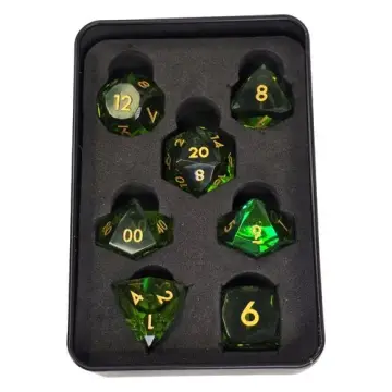 Emerald green gem cut resin DnD dice set with gold numbers in a Project Kirtrite metal tin
