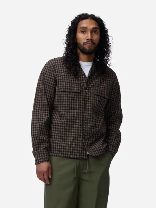 Open Collar Shirt ~ Black Brown Micro Plaid