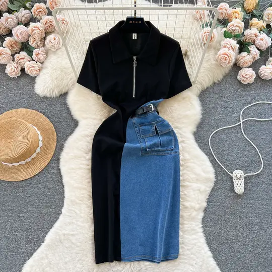 Retro denim skirt contrast color slim fit mid-length short-sleeved temperament dress R2233