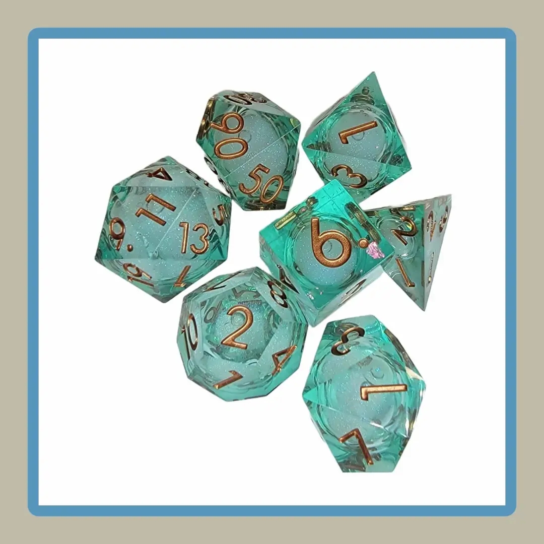 rpg dice in teal with liquid core