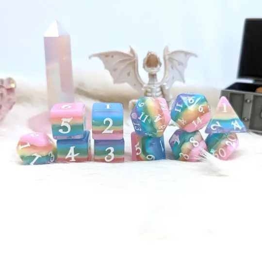 Rainbow Candy Dice Set – 11-Piece Pastel Layered DnD Dice | Fennek & Finch