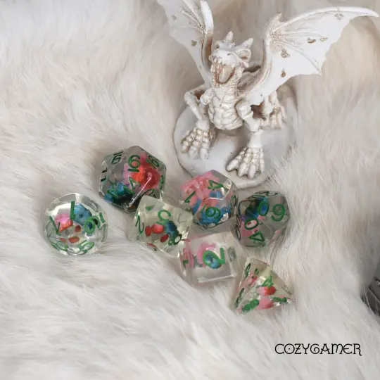 Pink Blue Dried Flowers Dice Set – 7-Piece Green Font Floral DnD Dice