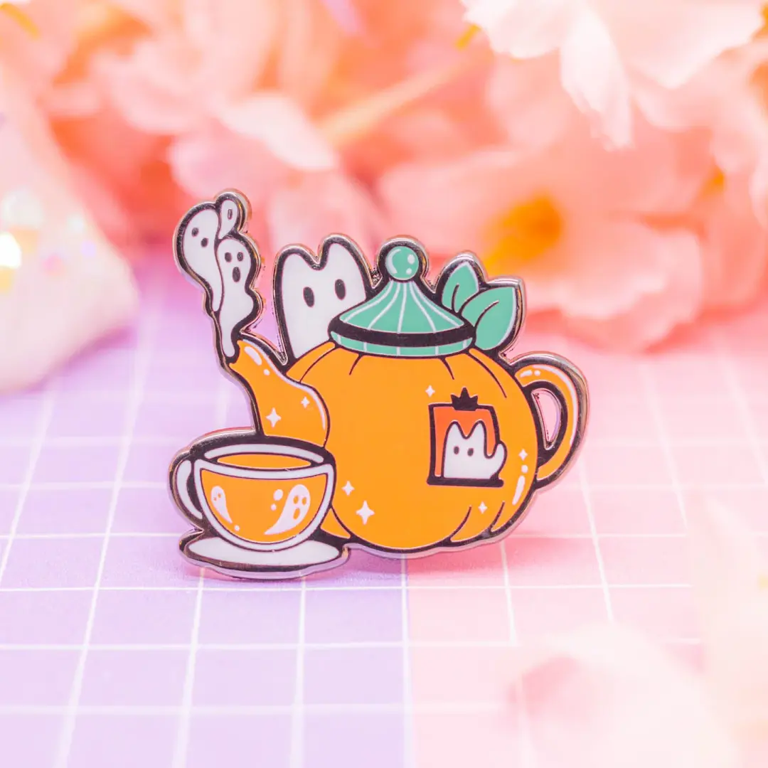 Spooky Town - pumpkin tea enamel pin