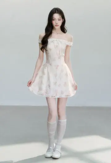 Floral Print Off The Shoulder Mini Dress Women With Lace Trim And Bow Detail R9410