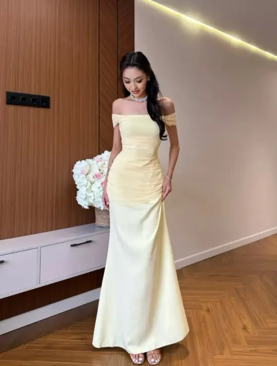 Silky Satin Corset Prom Gown , Minimalist Pastel Yellow Maxi Evening Dress RS1905