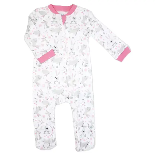 Baby Mode Baby Girls 100% Cotton Pink Bunnies Zippered Footie 0-3M