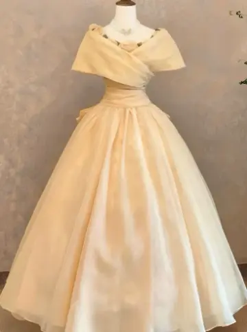 Elegant Pastel Yellow A-Line Flower-Portrait Corset Maxi Prom Dress Evening Dress RS608