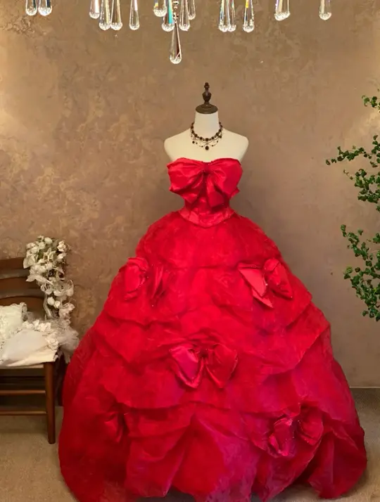 Red Strapless Waist-Cinched Puffball Skirt Floor-Length Ball Gown, Bridal Gown R7361