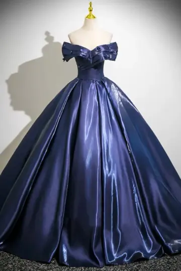 Charming Navy A-line Bateau Satin Corset Maxi Prom Dress Evening Dress RS502