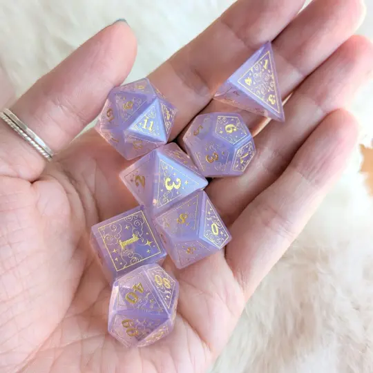 Dreamy Purple Opalite Dice Set – 7-Piece Gemstone DnD Dice with Gold Celestial Symbols | Fennek & Finch