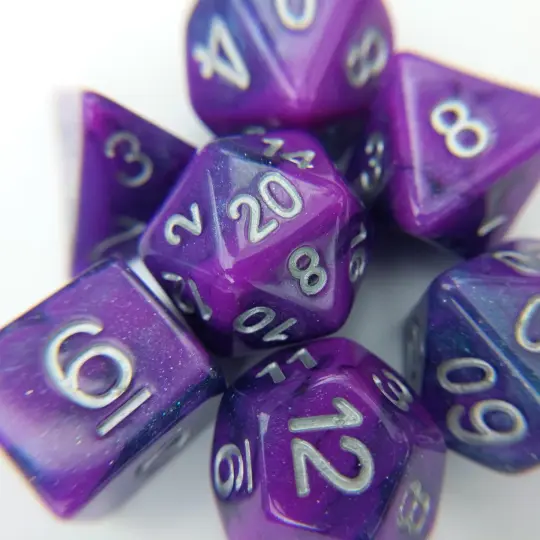 Warlock Flames Dice Set – 7-Piece Purple Blue Shimmer Silver Font DnD