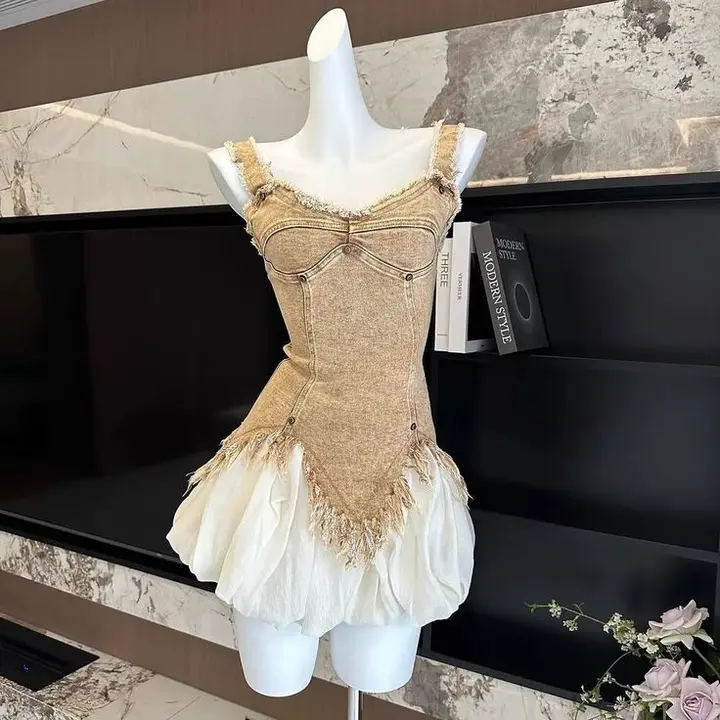 Khaki denim suspenders waist slim fit white bud skirt short skirt homecoming dress R3919