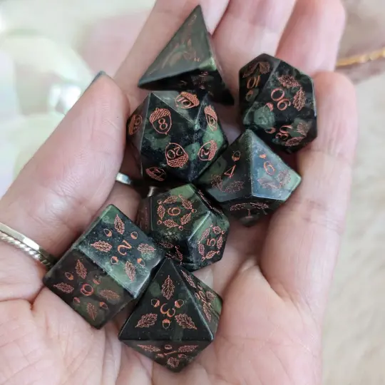 Acorn and Oak Jasper Gemstone Dice Set – Engraved Stone DnD Dice | Fennek & Finch