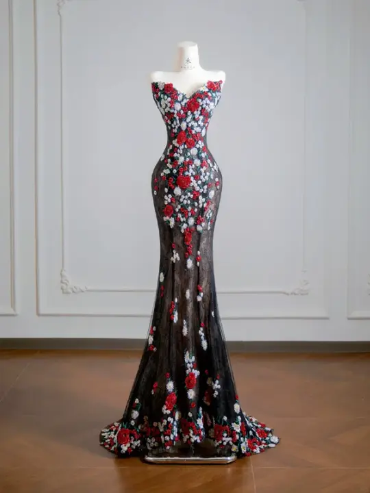 Black 3D floral long ball gown with a fitted waist and hips R8143