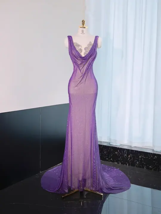 Purple halter neck, fitted waist, sexy long ball gown R9014