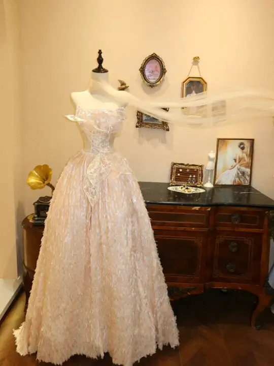 Light pink strapless fitted waist long bridal gown R6577