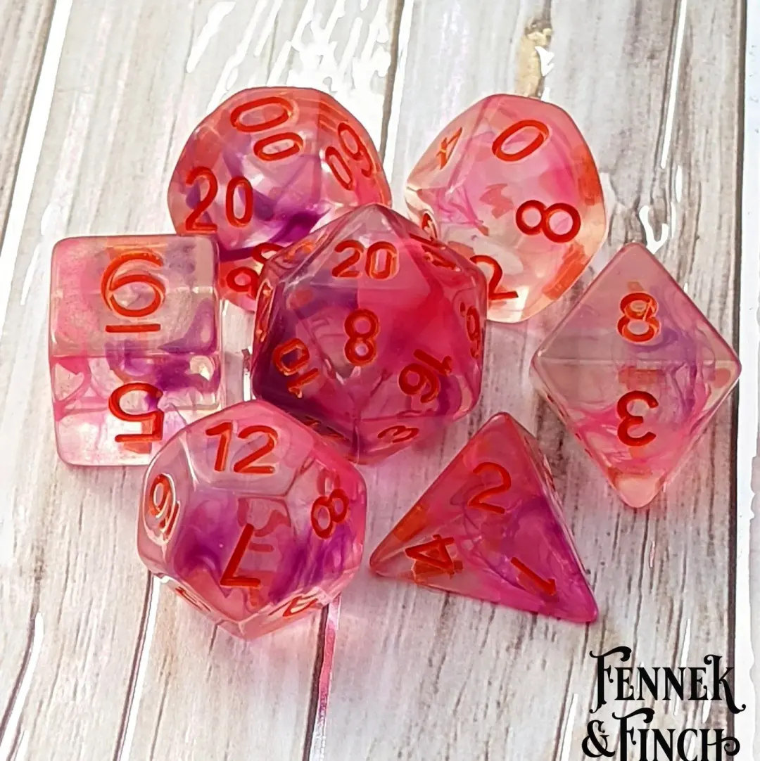 Poisonous Flower Dice Set – 7-Piece Translucent Pink Purple Ink Swirls DnD Dice