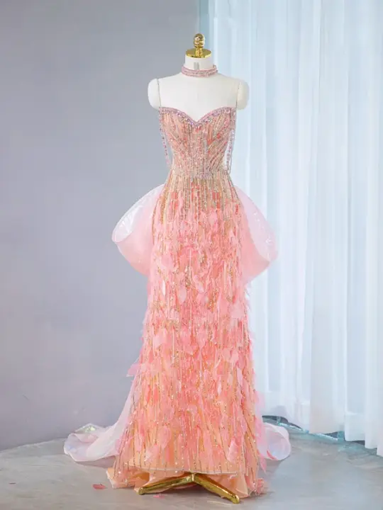 Pink strapless fitted long ball gown, bridal dress R9032