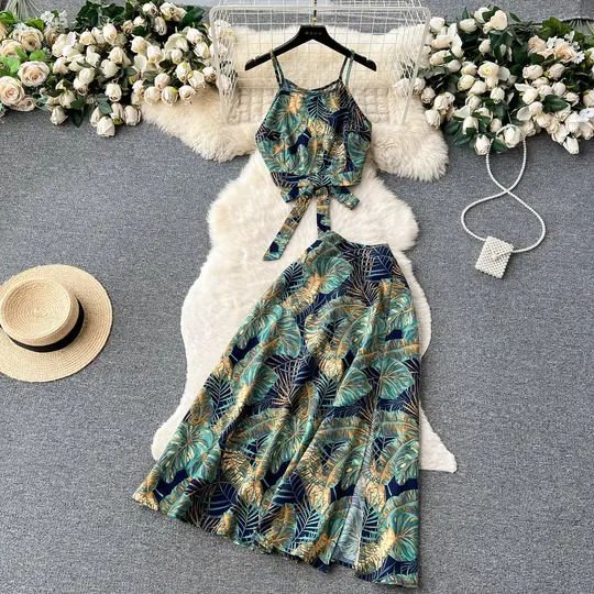 Pure desire hot girl suit strap navel-exposing short sling + slit big swing skirt R2231