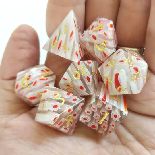 Red White Flower Glass Dice Set – 7-Piece Gemstone Floral DnD Dice