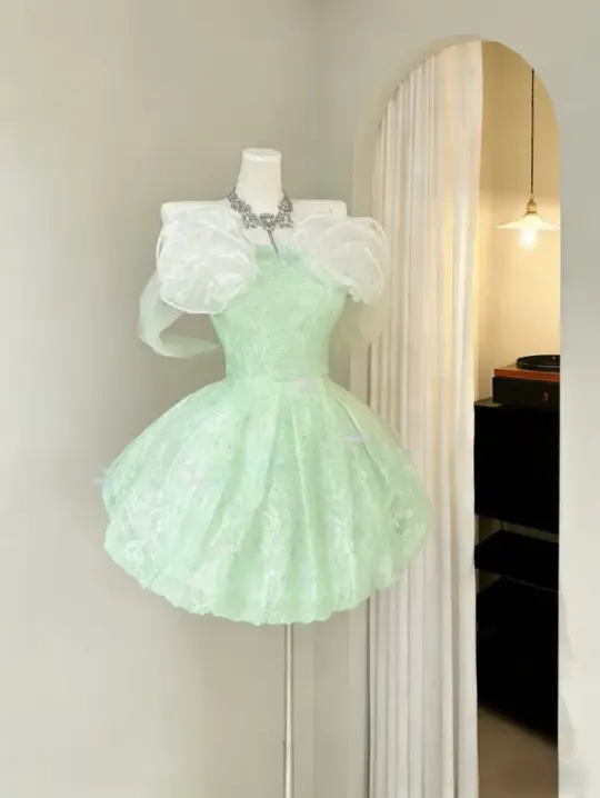 Fresh Soft Green A-Line Off-the-shoulder Applique Corset Mini Prom Dress Homecoming Dress RS651