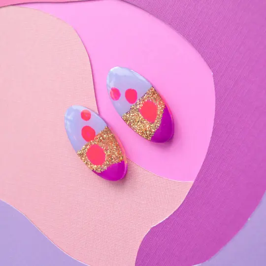 Pink and Purple Glitter Abstract Art Oval Resin Stud Earrings