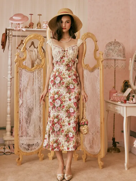 French retro romantic full print peony dress printed dress homecoming dress R5139
