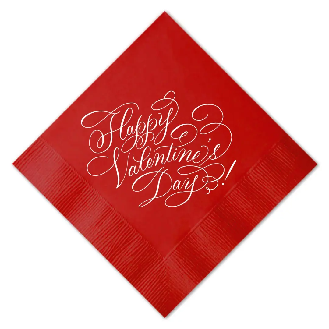 White on Red Happy Valentine's Day Calligraphy Foil Printed Cocktail Napkins, set of 20