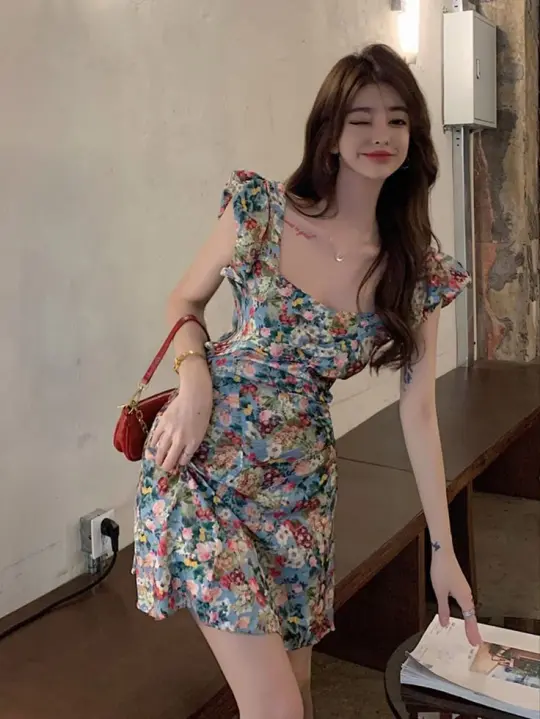 Retro floral A-line short waist homecoming dress R3266