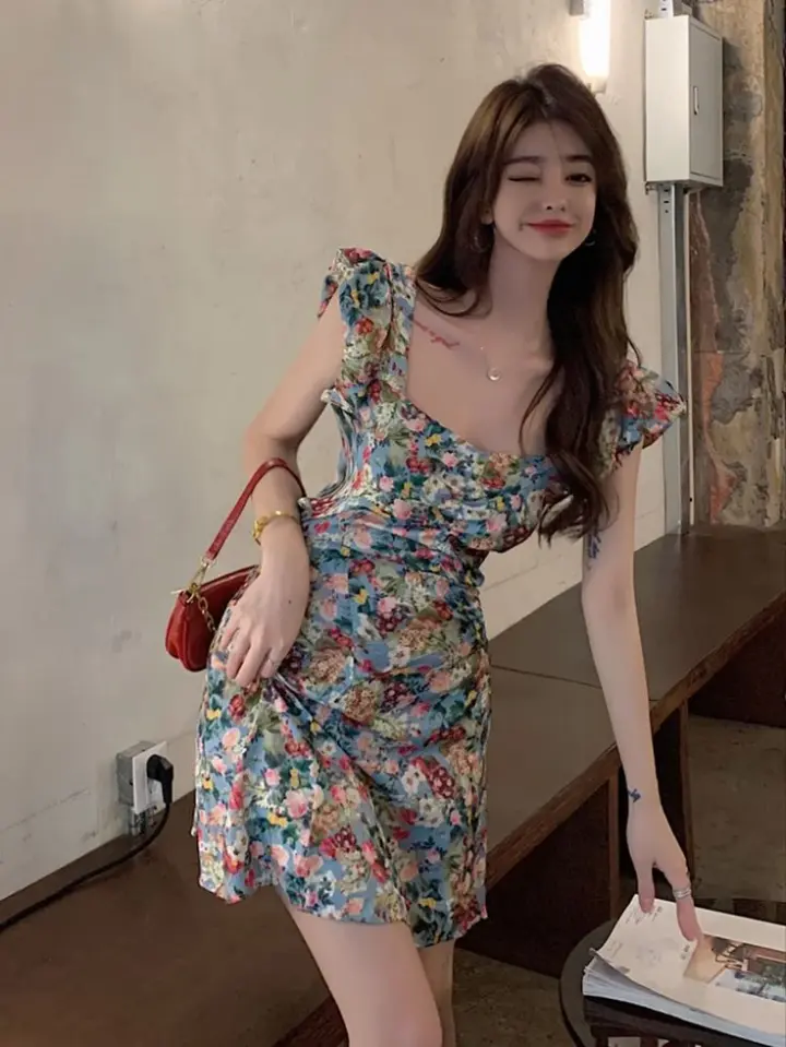 Retro floral A-line short waist homecoming dress R3266