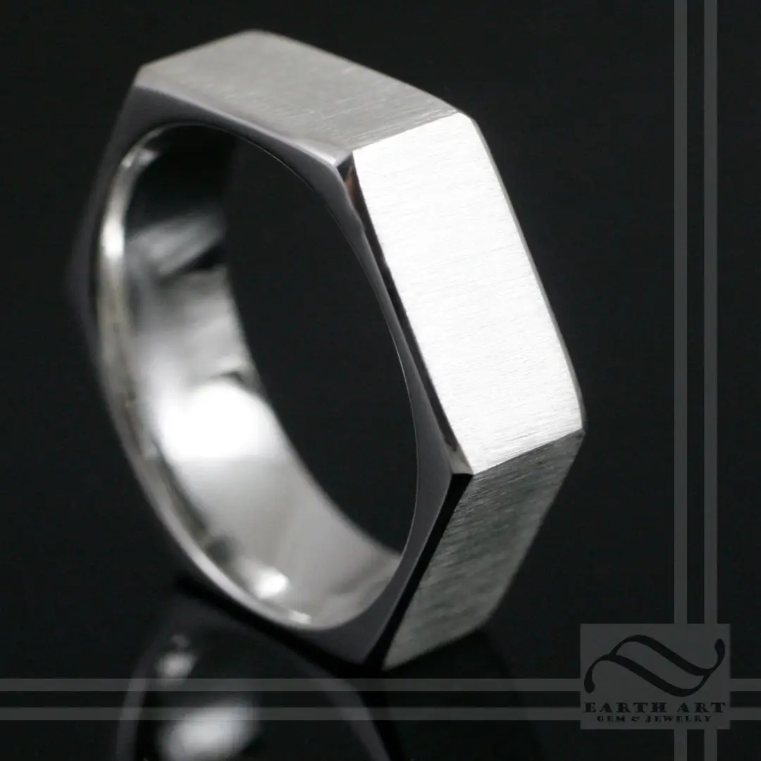 14k Gold Brushed Hexagon wedding Ring