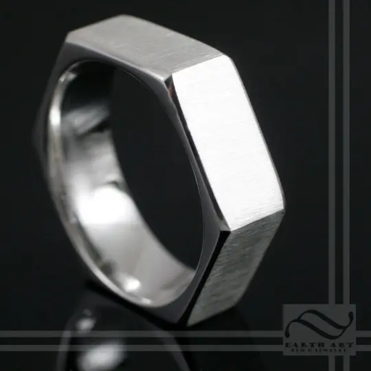 14k Gold Brushed Hexagon wedding Ring
