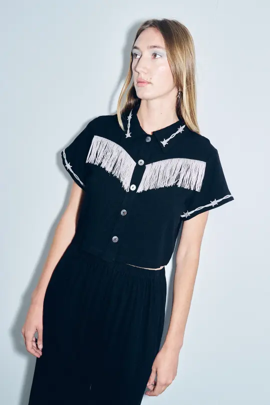 Soft Linen Pammy Fringe Blouse Black
