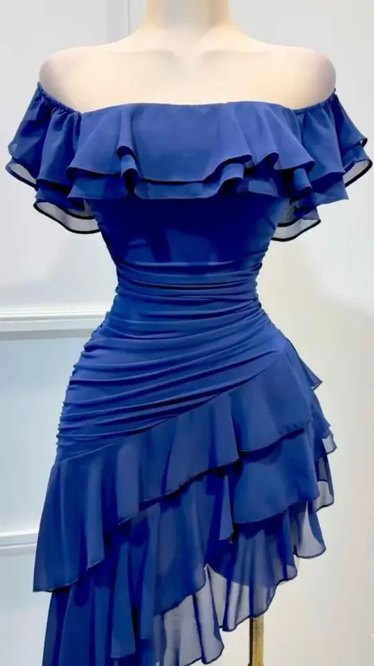 Elegant Navy A-Line Strapless Ruffled Tulle Bodycon Mini Dress with Asymmetrical Hem Homecoming Dress RS181