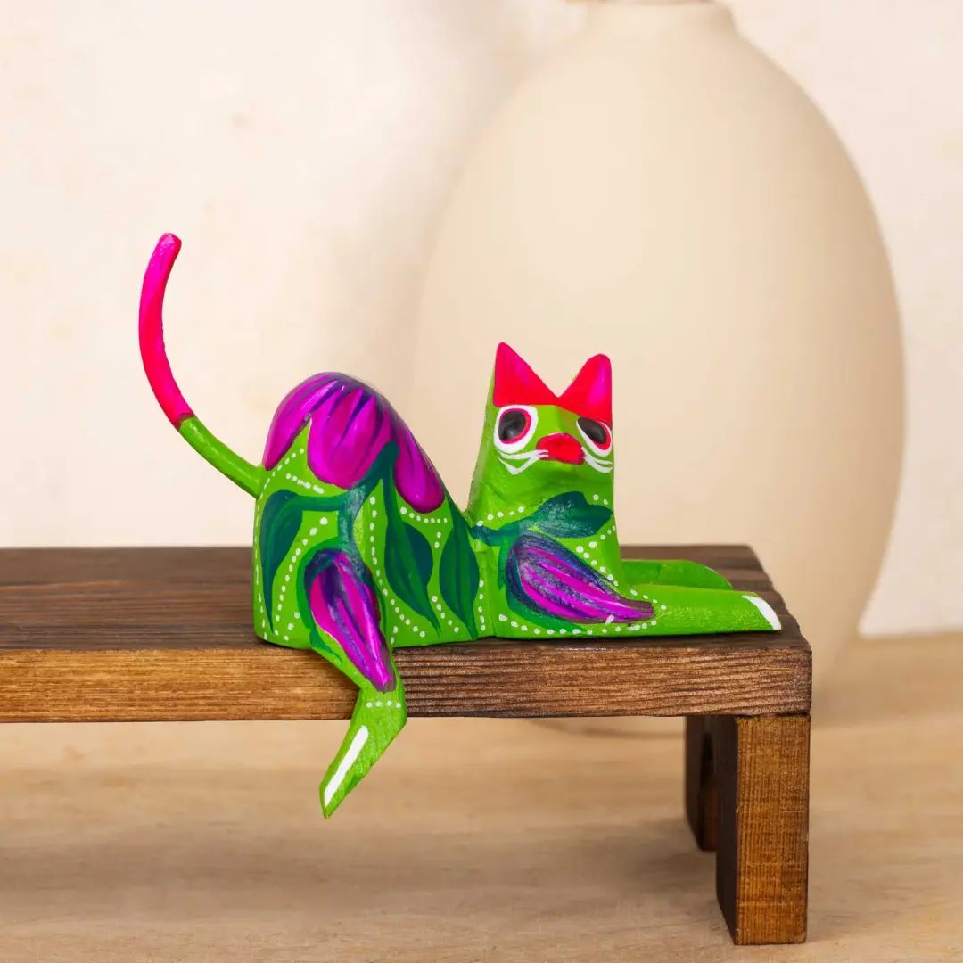 Hand Painted and Carved Hanging Cat Wooden Figurine Alebrije