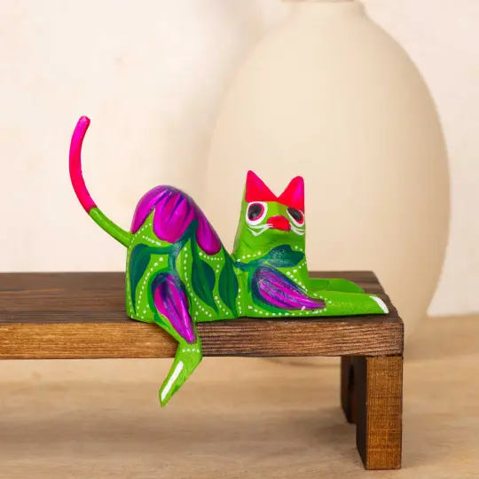 Hand Painted and Carved Hanging Cat Wooden Figurine Alebrije