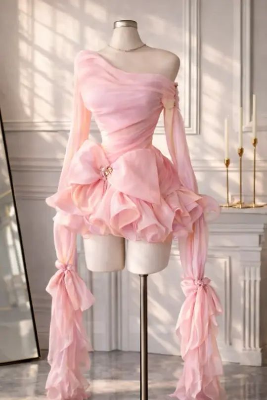 Sweet Pink Ruffled A-Line One-shoulder Corset Mini Birthday Dress Homecoming Dress RS657