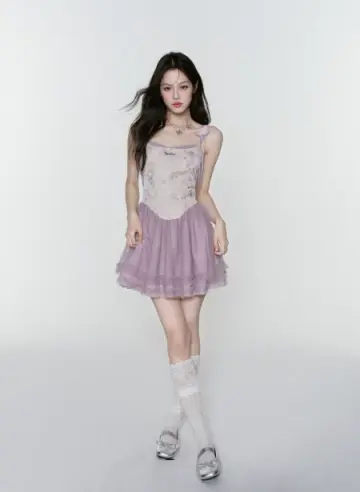 Purple Floral Jacquard Corset Cami Dress Women With Tulle Skirt And Bow Straps R9409